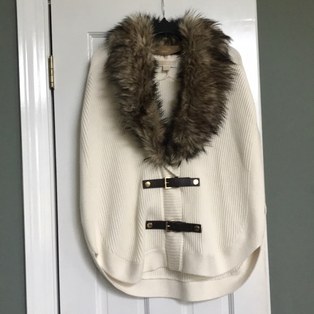 MICHAEL Michael Kors Cream Poncho with Faux Fur Collar